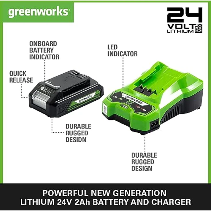 Greenworks G24B2 & G24UCC 24V Akku und Ladegerät - Starker 2Ah Lithium-Ionen Akku, 60 Min Ladezeit, Original Ladegerät für Garten- und Elektrowerkzeuge – Bild 2