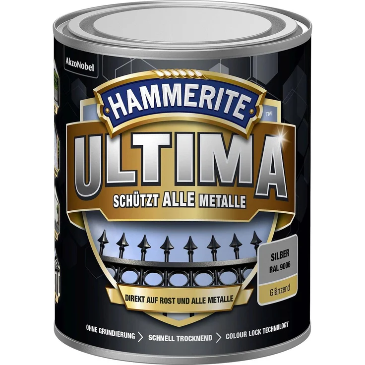Hammerite Ultima Metall Schutzlack für alle Metalle, direkt auf Rost Glänzend RAL9006 Silber 750ml
