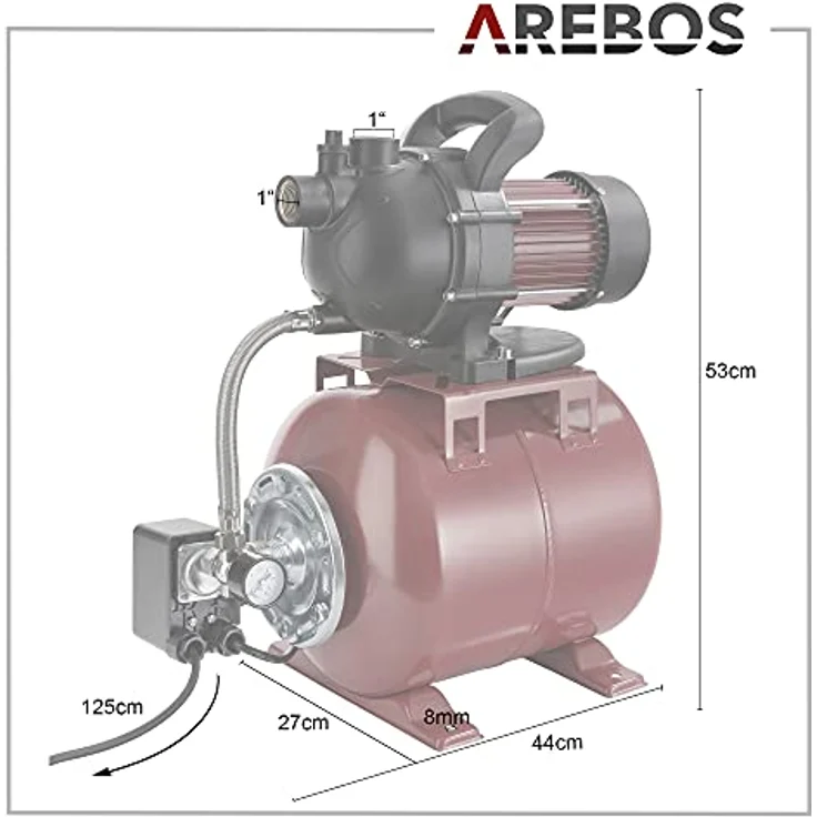 Canbolat Vertriebs GmbH Arebos Hauswasserwerk Gartenpumpe Wasserpumpe Pumpe 1000W Menge 3500 l-h 44Meter - Rot – Bild 7