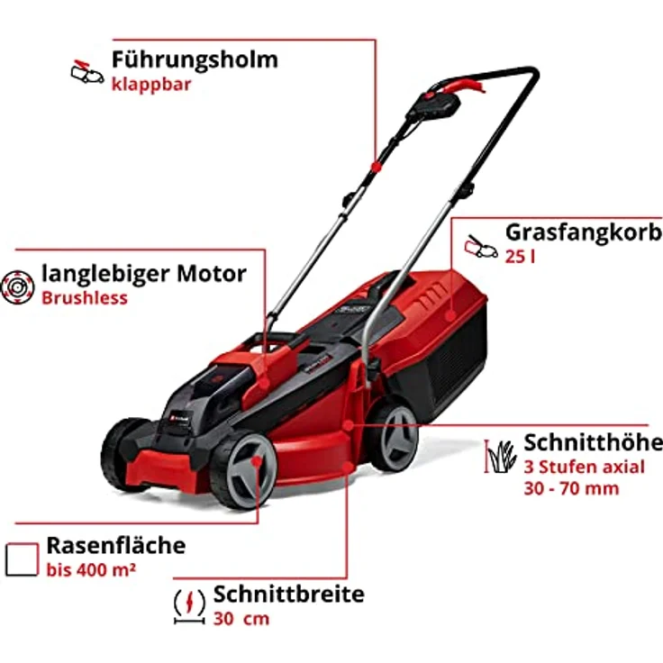 Einhell City Akku-Rasenmäher GE-CM 18-30 Li Kit Power X-Change - Li-Ion, 18 V, bis 150 m², 30 cm Schnittbreite, 3-stufige Schnitthöhenverstellung, inkl. 18 V 3 Ah-Akku und Ladegerät – Bild 6