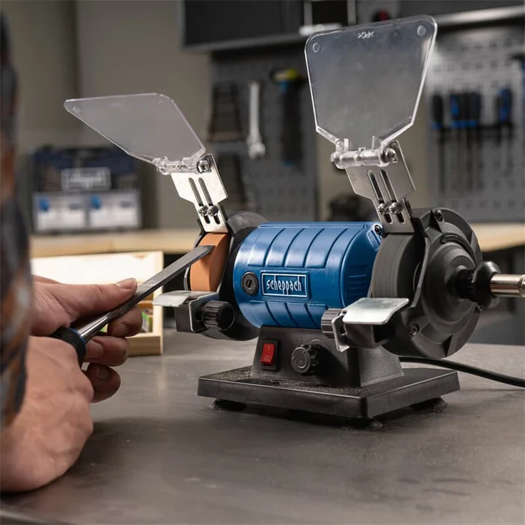 Scheppach Schleifmaschine HG35 Doppelschleifer | mit flexibler Welle und 103-tlg. Zubehörset | Ø75mm x 20mm Schleifscheibe (K120) & Polierscheibe (K400) | Werkstückauflage & Funkenschutz – Bild 7