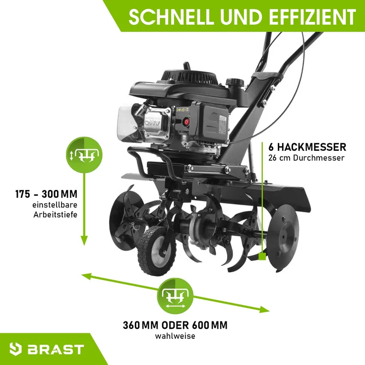 BRAST Motorhacke Benzin Gartenfräse 4,4kW (6PS) Selbstantrieb 36 oder 60cm Arbeitsbreite 176ccm TÜV geprüft