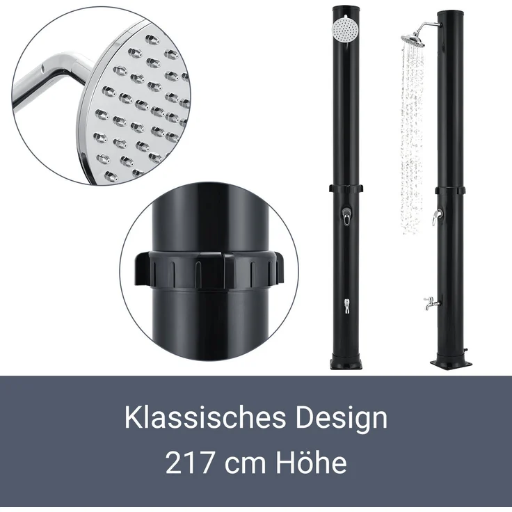 Juskys Solardusche Victoria 35 l Gartendusche mit Regendusche und Thermostat Schwarz Gartenschlauch Anbindung justierbare Duschkopf-Halterung – Bild 7