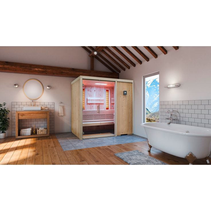 Infraworld Sauna Optima, 202 x 142 x 202 cm, gerade Ausführung, Tür rechts, Espe, Verdampferofen für Finnische- & Dampfsauna, Sole-Therme, VITALlight-IPX4-Infrarotstrahler
