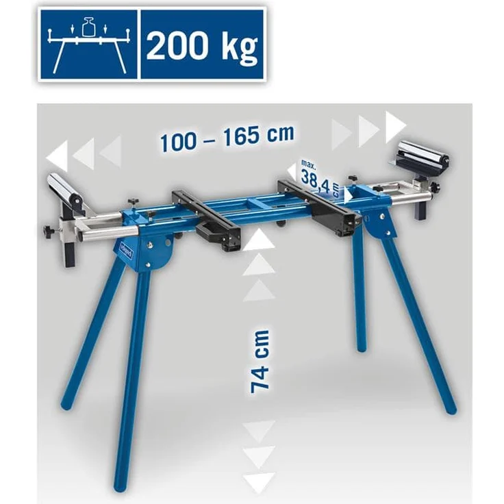 Scheppach Untergestell Arbeitstisch UMF1600 | Maschinentisch passend für 95% aller Kappsägen auf dem Markt | Höhe 740mm | Seitenverlängerung 1,0 – 1,65m | Traglast max. 200kg | Auflagebreite 384mm – Bild 5