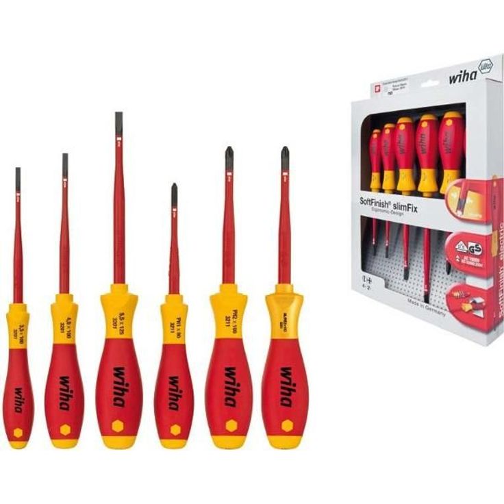 Wiha Schraubendreher Set SoftFinish® electric slimFix (38362), 6 tlg., Schraubenzieher Satz VDE für Elektriker, für tiefliegende Schrauben, Schlitz/ Phillips/ Pozidriv PlusMinus (SL/PZ)