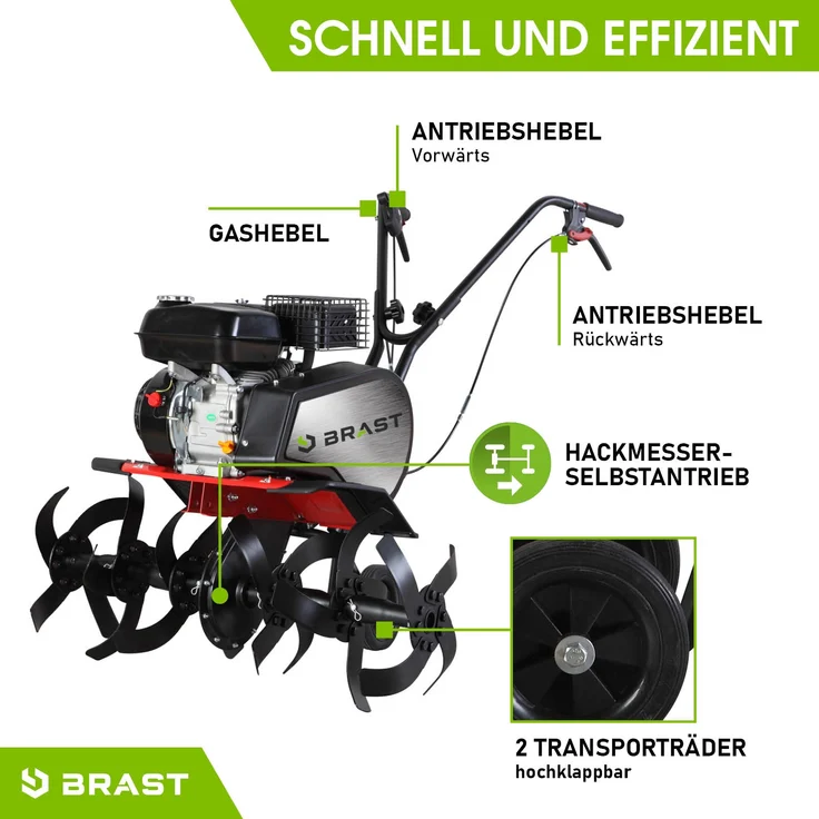 BRAST Motorhacke Benzin Gartenfräse 5,15kW (7PS) Selbstantrieb 33, 62 oder 85cm Arbeitsbreite 212ccm TÜV geprüft - Preisvergleich – Bild 6