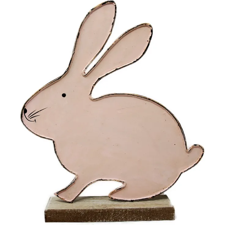 Hase rosa Metall sitzend auf Holzfuß Dekoartikel Osterdeko 15x4x25cm