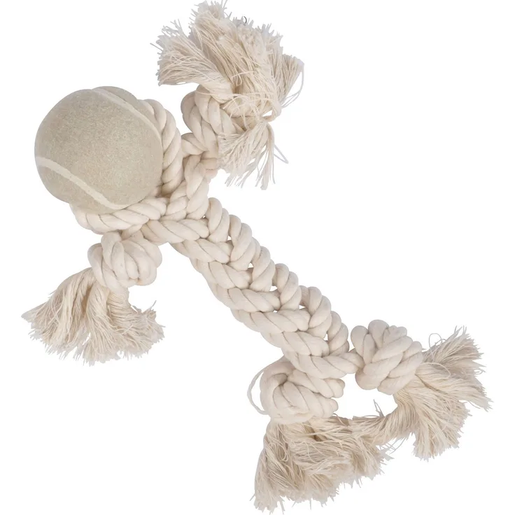 Hundespielzeug, Seil mit Knoten und einem Ball, 25 cm, natur