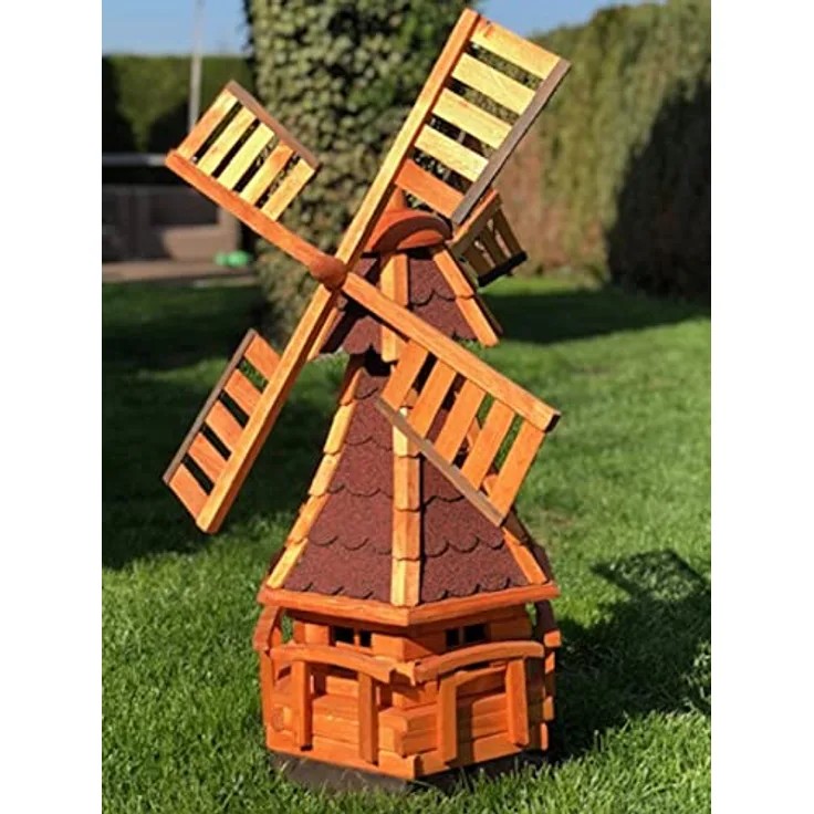 Darlux Sechseck Garten-Windmühle aus Holz kugelgelagert Braun-Rot Höhe 95 cm