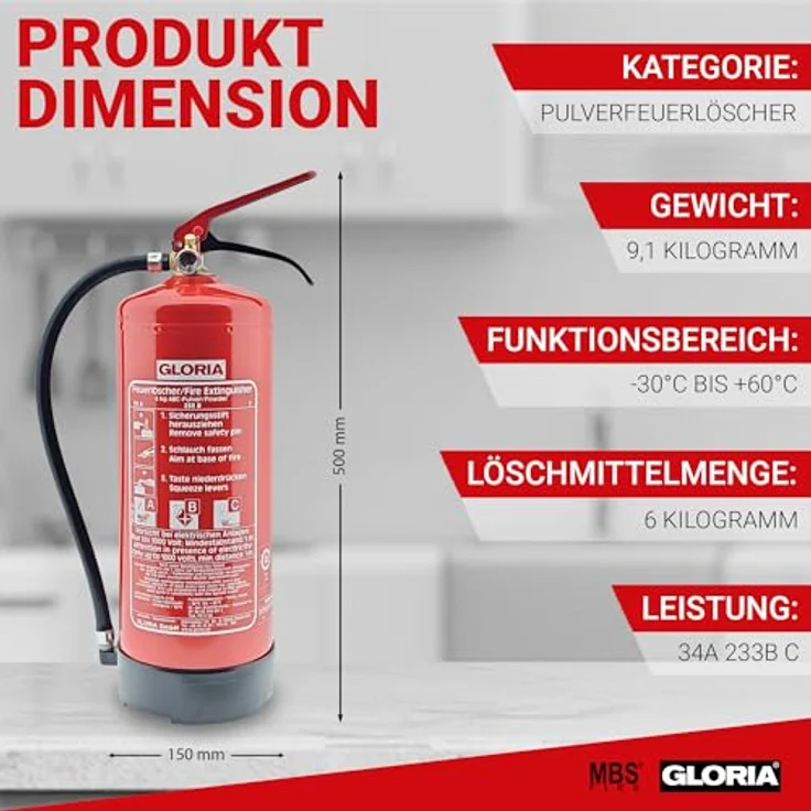 Gloria Dauerdruck Pulverfeuerlöscher PD6GA 6kg Brandklasse A, B, C mit Wandhalter Gloria – Bild 3