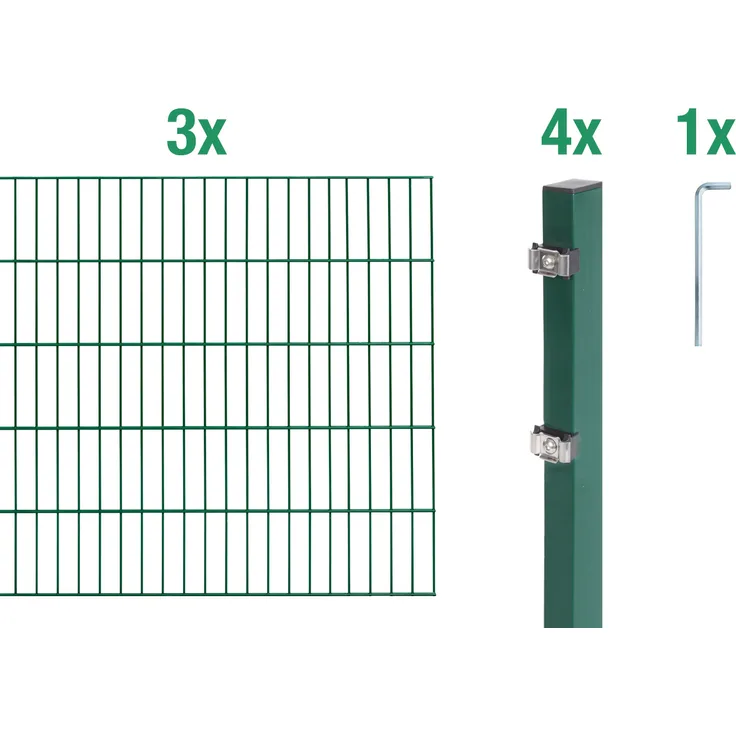 Alberts Doppelstabmatten Zaun, Höhe 180 cm, Länge 6 m, Komplettset zum Einbetonieren, grün, stabil mit 60x40 mm Pfosten