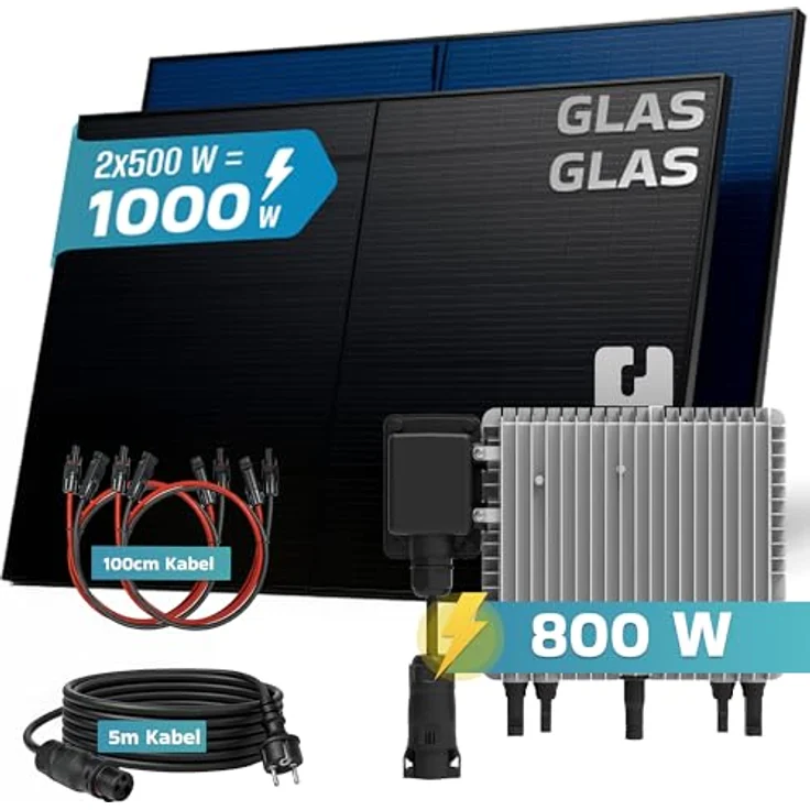 SUNNIVA® 1000W Balkonkraftwerk BIFAZIAL FULLBLACK, komplettes Set mit 800W DEYE Wechselrichter, 2x 500W Glas-Glas Solarmodule, schnelles Steckersystem, Bluetooth WIFI, inkl. 5m Kabel – Bild 2
