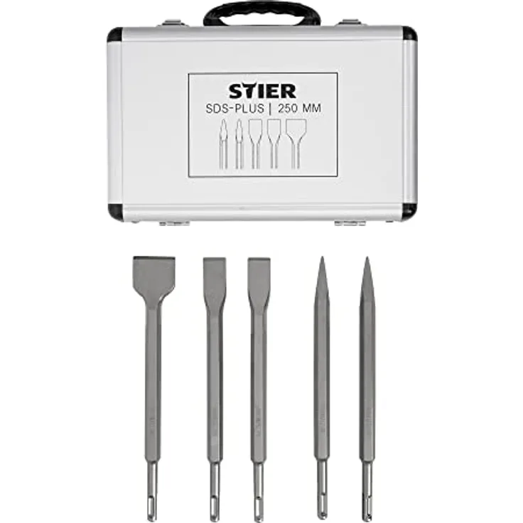 STIER SDS-Plus Meißelsatz 5-tlg. 250mm, Im gepolsterten und stabilen Transportkoffer