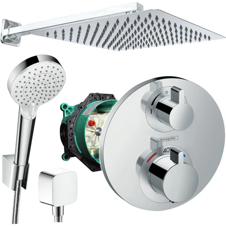 Hansgrohe Ecostat S Unterputz-Duschsystem mit Kopfbrause, Chrom, quadratische Jowi Metall-Kopfbrause 250/300/360mm, 100/144/256 Antikalkdüsen
