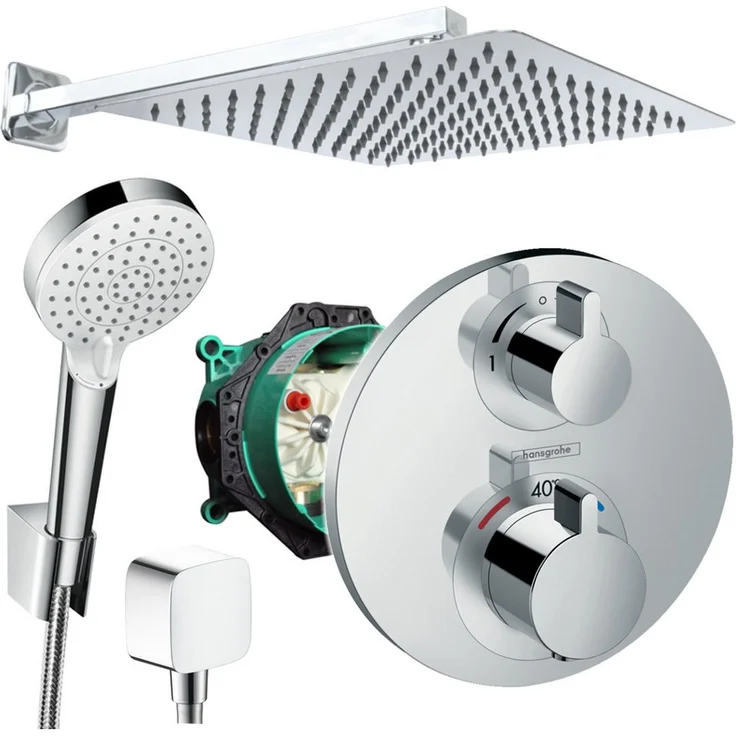 Hansgrohe Ecostat S Unterputz-Duschsystem mit Kopfbrause, Chrom, quadratische Jowi Metall-Kopfbrause 250/300/360mm, 100/144/256 Antikalkdüsen