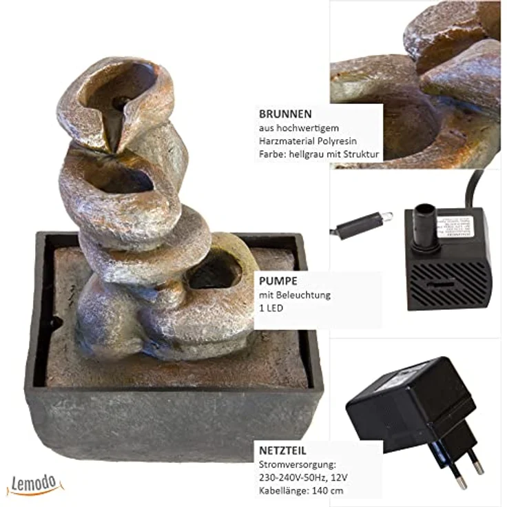 Lemodo Zimmerbrunnen Tischbrunnen Steine, Wasserspiel mit Beleuchtung und Pumpe, 13,30 cm Breite, Braun- und Grau-Töne – Bild 2