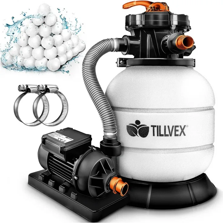 tillvex Sandfilteranlage 7.900L/h, Filteranlage mit 400g Filterbällen, Pumpe und 7-Wege Ventil