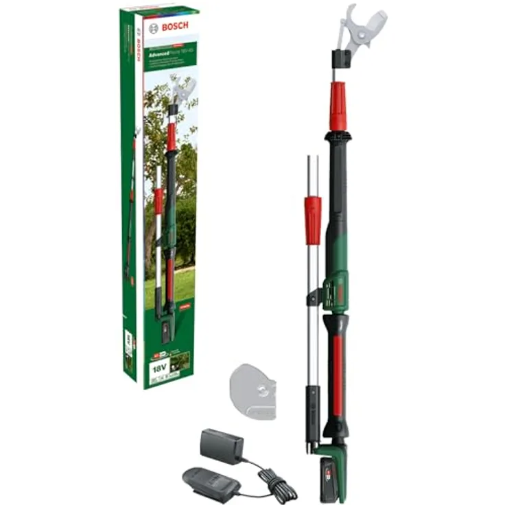 Bosch Akku-Gartenschere AdvancedPrune 18V-45 (für müheloses Schneiden von Ästen bis 45 mm; 18-Volt-System; bis zu 600 Schnitte; mit 2.0 Ah-Akku, Ladegerät und Verlängerungsstange)