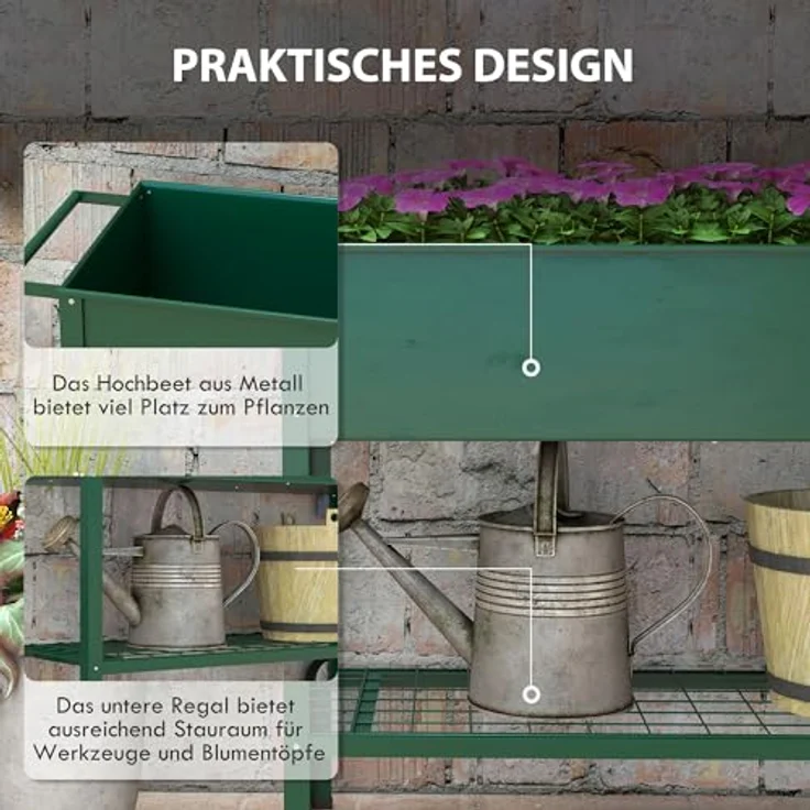 Outsunny Hochbeet mit Rädern, Regal Kräuterbeet Pflanzenbeet Metall für Garten, Balkon Grün 109 x 44 x 80 cm – Bild 4