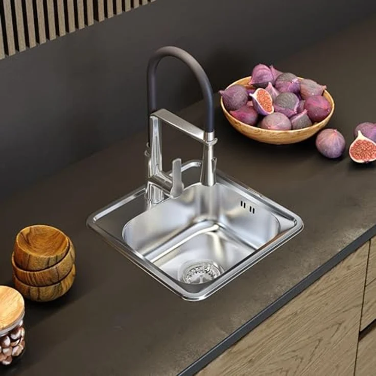 Granitan Spülbecken mit Siphon 38 x 38 cm - Einbauspüle aus Stahl - Hahnloch Durchmesser 92mm - Satin – Bild 2
