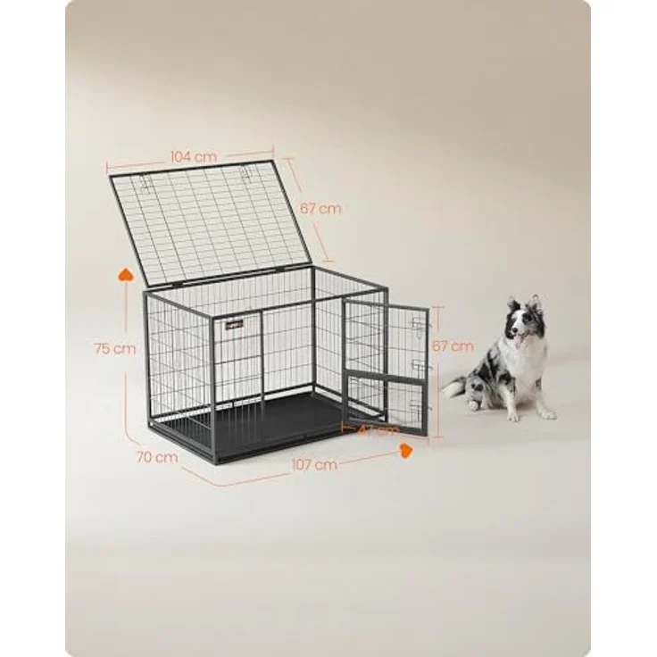 Feandrea Hundekäfig hochbelastbar, transportabler Haustierkäfig, XL, grau, 107 x 70 x 75 cm, für mittelgroße, große Hunde, sicher, 2 abnehmbare Türen, Welpenauslauf – Bild 4