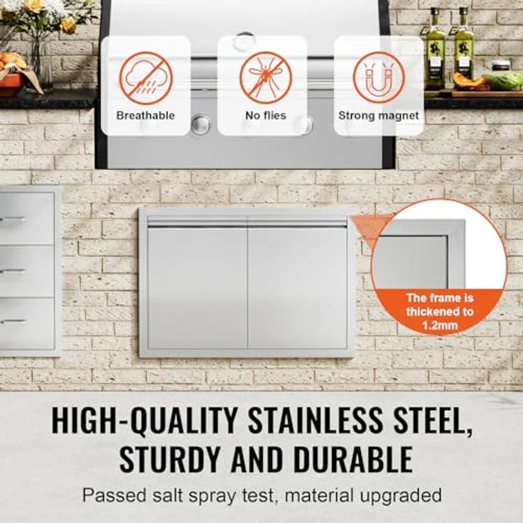 VEVOR Grill-Zugangstür, Doppelte Außenküchentür aus Edelstahl, 762 x 532 x 45 mm, vertikale Wandtür mit versenkbaren Griffen – Bild 3