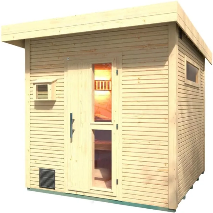Weka Gartensauna Kuopio 5,66 m², Flachdach, naturbelassen, zwei Liegen, isolierte Tür mit Dampfsperre