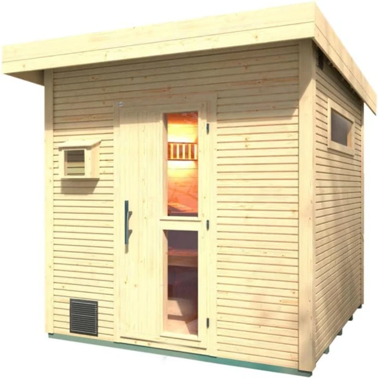 Weka Gartensauna Kuopio 5,66 m², Flachdach, naturbelassen, zwei Liegen, isolierte Tür mit Dampfsperre