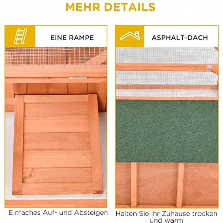 Pawhut Kleintierstall Zwergkaninchenstall mit öffenbarem Asphaltdach Kleintierkäfig Outdoor Indoor Hinterhof wetterbeständig Tannenholz Orange+Grün 125,5 x 100 x 49 cm – Bild 5