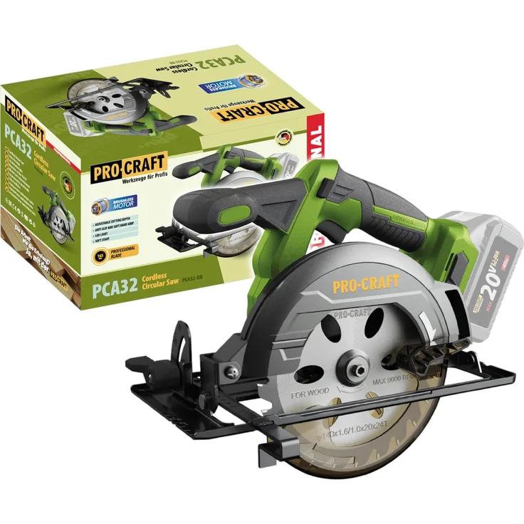 Procraft PCA32-BB Akku Handkreissäge 20 V, 165 mm, brushless, max. Schnitttiefe 58,5 mm, LED-Arbeitslicht, sanfter Motorstart