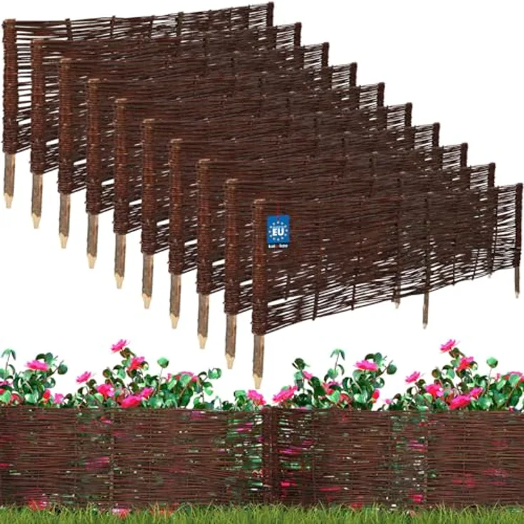 KOTARBAU® 10er Set Beetbegrenzung Weidenzaun 120 x 40 cm, naturbraun, wetterbeständig, flexible Beeteinfassung aus Weidengeflecht