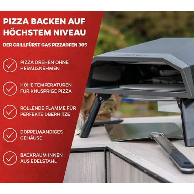 Grillfürst Gas Pizzaofen 305, mit drehbarem Cordierit-Pizzastein, bis 400 °C und klappbaren Füßen, mattschwarz – Bild 4