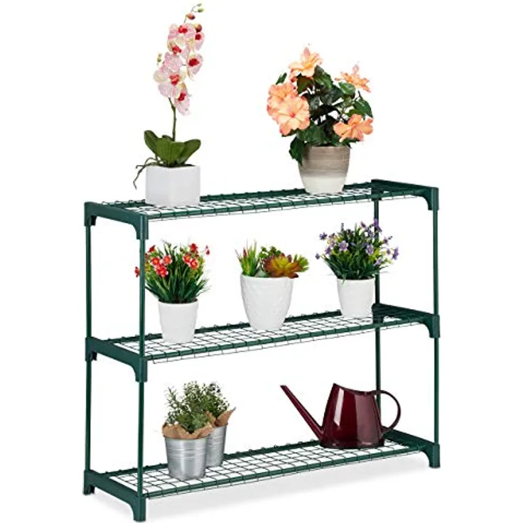 Relaxdays Pflanzenregal, 3 Ablagen, für Blumen-& Pflanzentöpfe, Indoor, Metall & Kunststoff, HBT 74,5x91x28,5 cm, grün, 1 Stück
