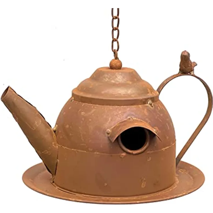 DanDiBo Vogelhaus zum Aufhängen Edelrost Deko Rost Gießkanne Wetterfest 96423 Nistkasten Futterstation für Vögel Shabby mit Kette hängend Metallkanne Kanne Balkon