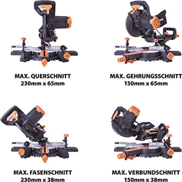 Evolution Schiebe-Kapp- und Gehrungssäge R210SMS+, 1500 W, 230 mm Schlitten, präziser Multimaterialschnitt mit Ø 210 mm HM/TCT Sägeblatt, Schrägschnitt und Gehrungswinkeln – Bild 4