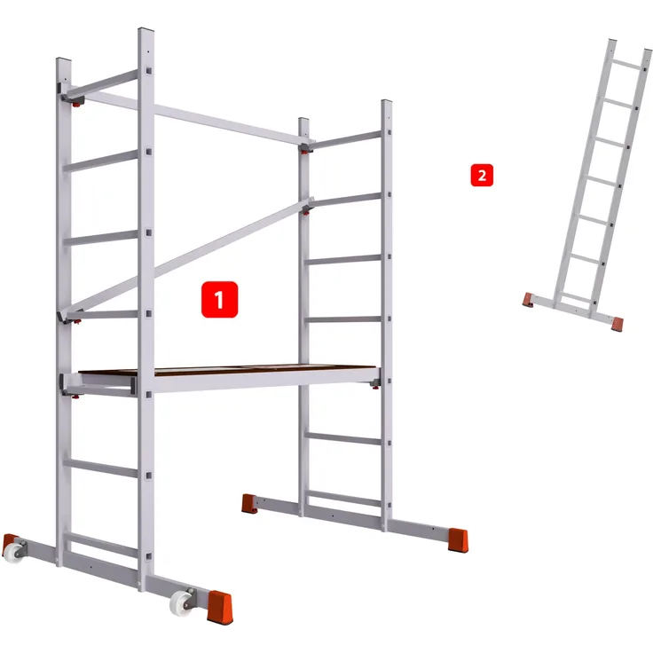 ALTEC Aluminium Fahrgerüst ALTEC AluCombine 1.0, Leiterngerüst mit Traverse, 2x Bockrollen, maximale Arbeitshöhe 7 Meter, made in Germany, 19kg, belastbar bis 150kg/m², wetterfeste Holz-Siebdruckplatte.