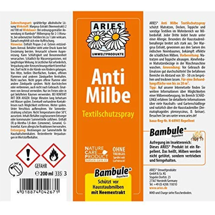 Aries - Milbenspray 200 ml Luftdruckflasche, 100% natürliche Anti-Milbenwirkung mit Neem Öl – Bild 4
