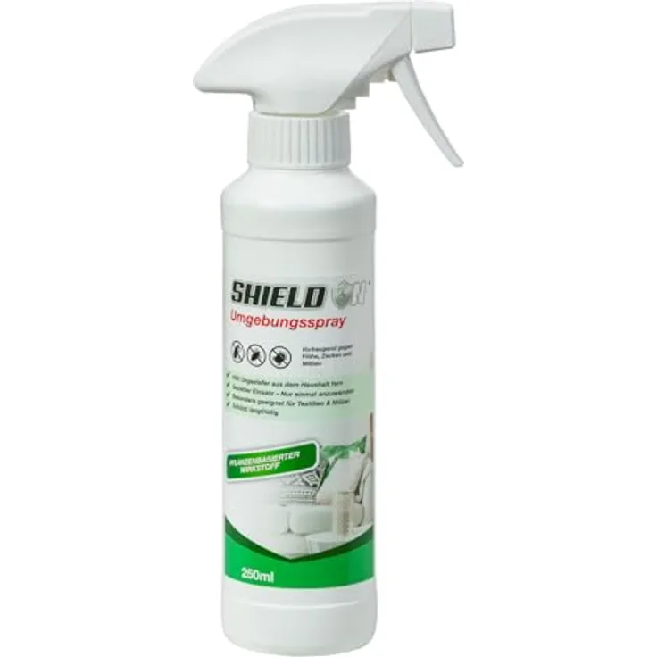ShieldOn Umgebungsspray 250 ml - hochwirksames Ungeziefermittel gegen Flöhe, Zecken und Milben, ungiftig für Textilien und Möbel
