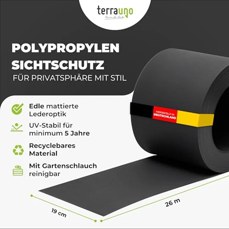 TerraUno Sichtschutzstreifen für Doppelstabmatten, Polypropylen, 100% blickdicht, UV-beständig, Anthrazit RAL 7016, 26m x 19cm Rolle, Lederoptik, Made in Germany – Bild 5