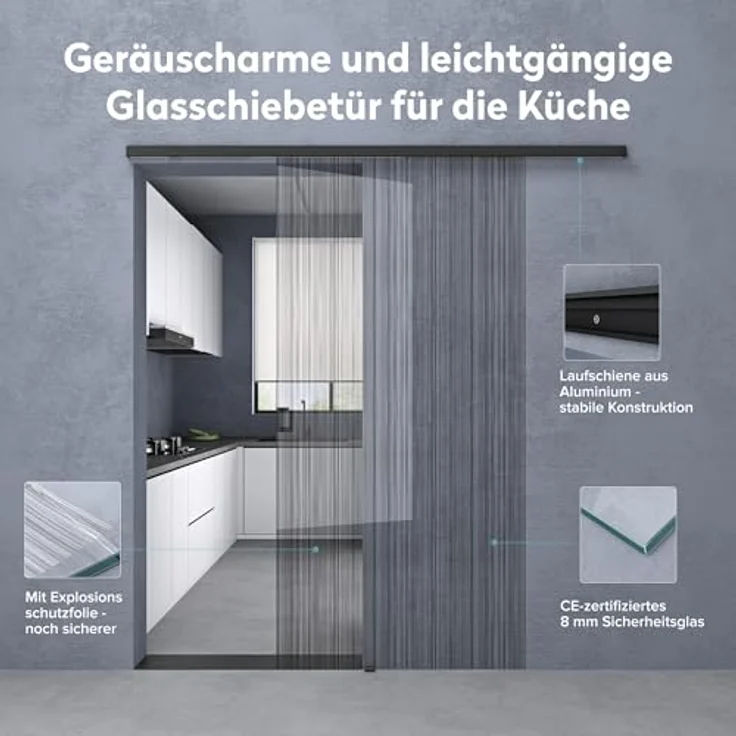 doporro Glasschiebetür Komplettset, 102,5 x 205 cm, 8mm ESG-Sicherheitsglas mit Sicherheitsfolie, matt schwarz, flüssiges Gleiten mit Edelstahlrollen, einfach zu montieren – Bild 2