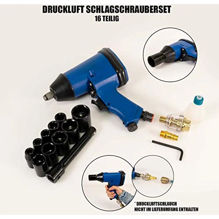 Mauk 16 teiliges Druckluft-Schlagschrauber Set 320Nm 1/2 Zoll inkl. Koffer und Nüssen - Schlagschraubersatz, ergonomisches Design und 320 Nm Drehmoment – Bild 2