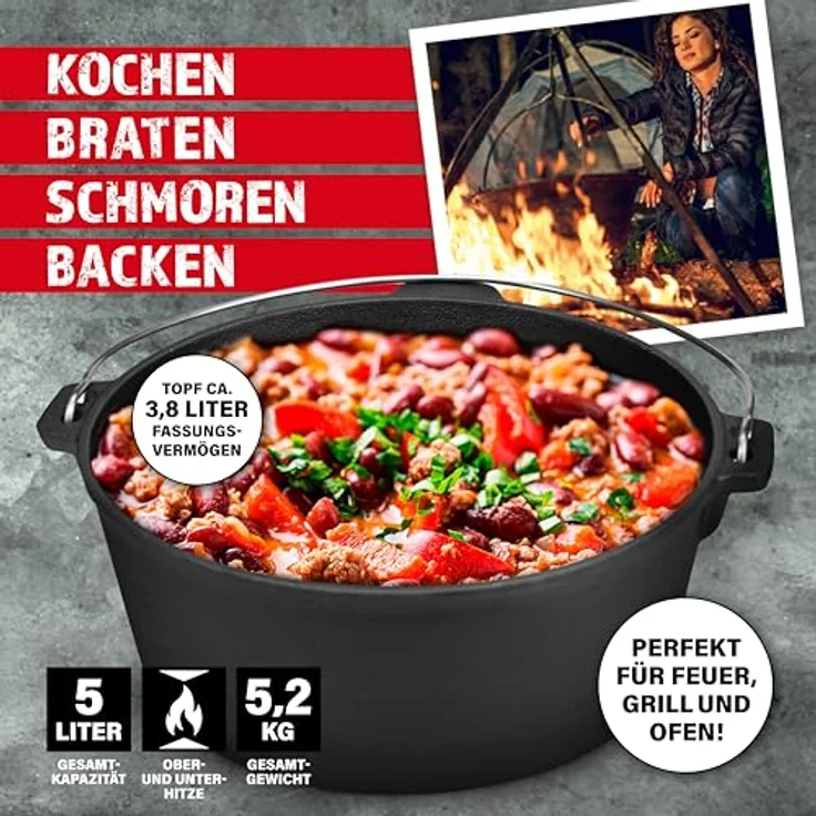 BBQ BOSS Dutch Oven, 5L Gusseisen Feuertopf mit Deckel – ideal zum Kochen, Schmoren und Braten für Outdoor Cooking – Bild 2