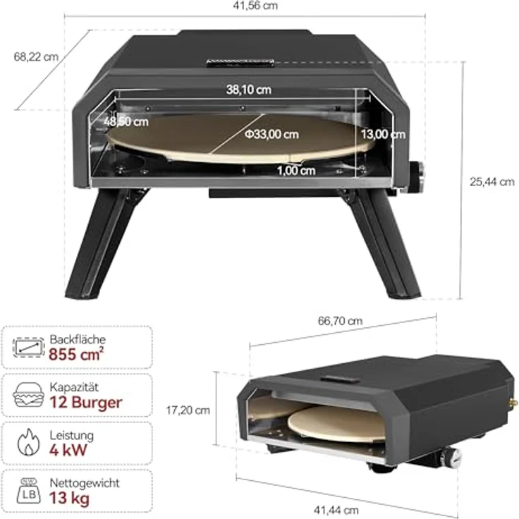 Royal Gourmet Gas Pizzaofen Kompakt, 4 kW Pizzagrill mit Pizzastein, automatischer Zündung und klappbaren Beinen für Outdoor Camping – Bild 3