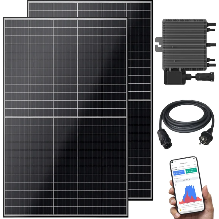 VESKA Solaranlage Balkonkraftwerk 830 W, 800,00 W, Steckerfertig, Upgradebar auf 800 W, genehmigungsfrei, schwarz WIFI, MONO, PERC, Antireflexbeschichtung