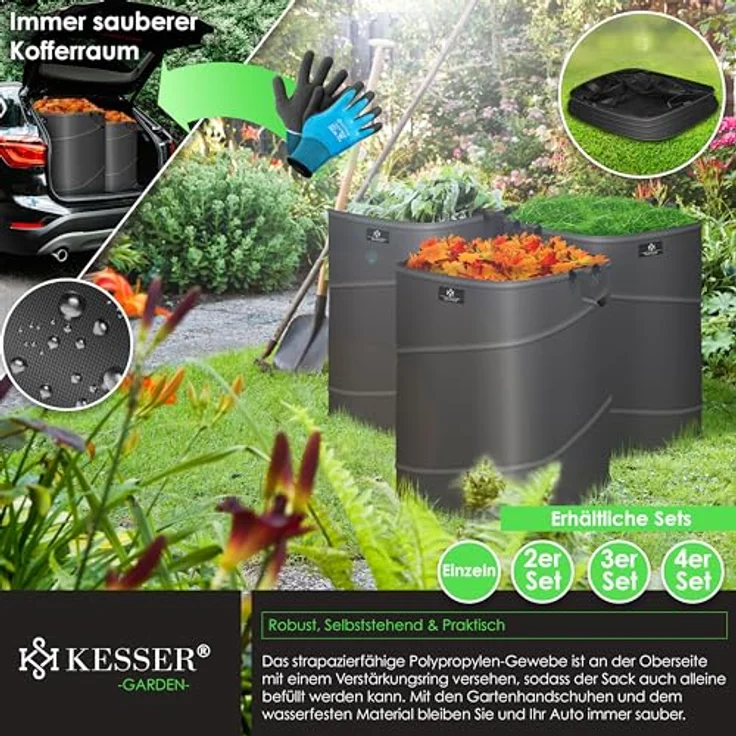 KESSER® Pop-Up-Gartensack 3x 175L Set, selbststehend, faltbar, inkl. Handschuhe, robustes Propylengewebe, stabil mit Griffen, für Laub- und Gartenabfälle – Bild 4
