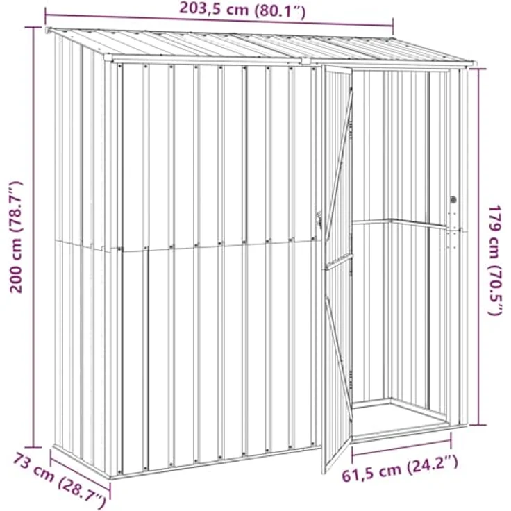 vidaXL Gartenhütte Metall Anthrazit 203,5 x 73 x 200 cm, wetterfester Garten- und Terrassen-Speicher mit viel Stauraum für Werkzeuge, einfach zu montieren – Bild 3