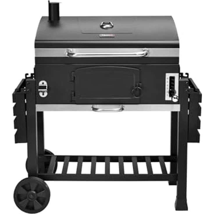 TAINO HERO XXL Smoker Holzkohlegrill Set, mit Abdeckhaube, Grillplatte und höhenverstellbarer Holzkohle-Wanne, 142 x 46 x 111 cm, inkl. Thermometer und klappbaren Seitentischen – Bild 4