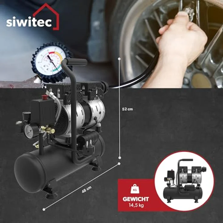 siwitec Flüsterkompressor SK-550, 550 W, 6 L Kessel, max. Druck 8 bar, 56 dB, ölfrei & wartungsarm, mit Schnell-Anschluss-Kupplung – Bild 3