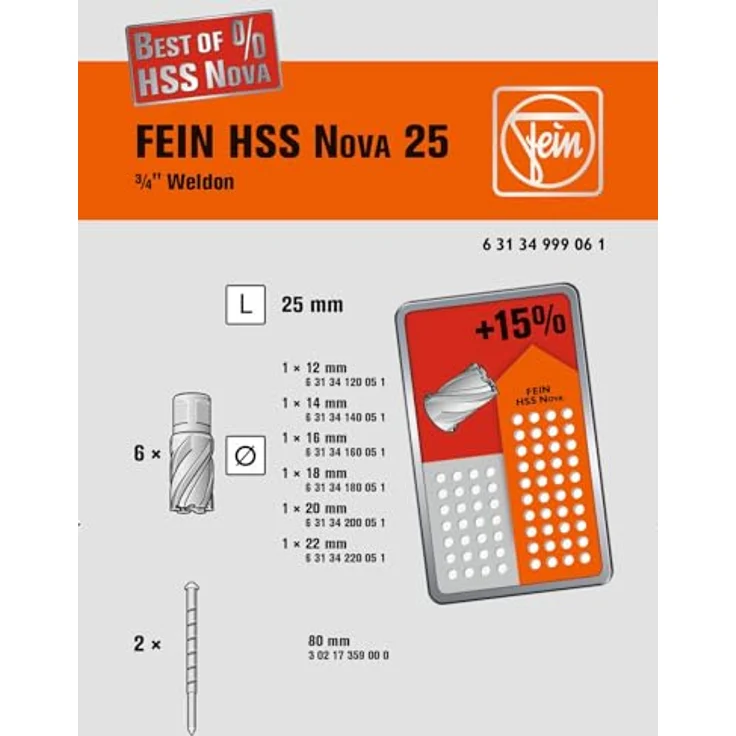Fein Kernbohrer 63134999061, Set mit 6 Bohrern Ø 12-22 mm und 2 Zentrierstiften, Schnitttiefe 25 mm im Kunststoff-Koffer – Bild 2